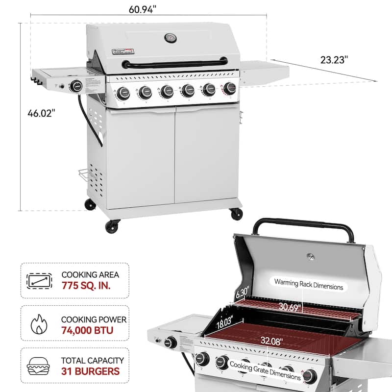 Royal Gourmet GA6406W 6-Burner Cabinet Style Gas Grill with Sear Burner & Side Burner, Stainless Steel Foldable Side Shelf