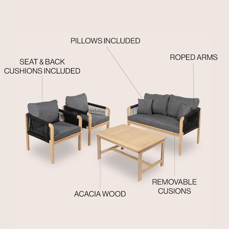 Aveiro 4-Piece Modern Bohemian Acacia Wood Outdoor Patio Set with Cushions and Plain Decorative Pillows, by JONATHAN Y