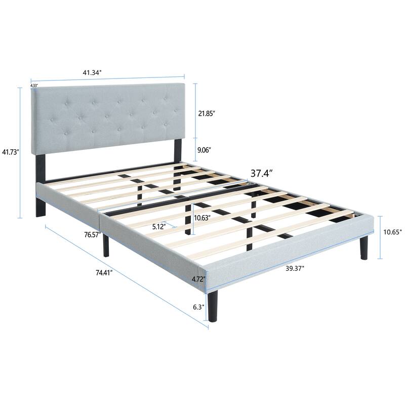 Light Gray Twin Size Upholstered Platform Bed Frame with Button Tufted Linen Fabric Headboard