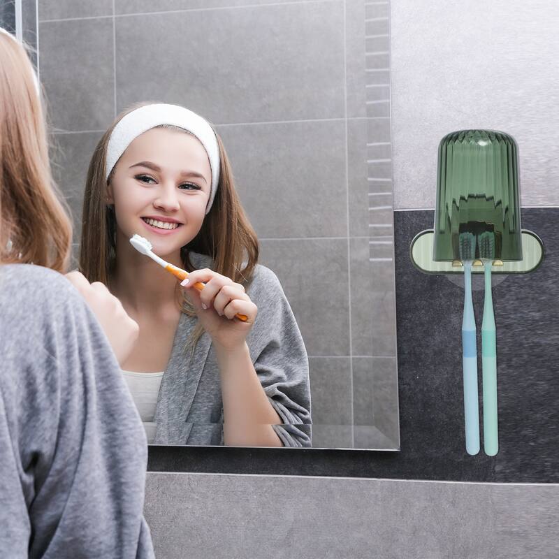 1 Set Wall Mounted Toothbrush Holder, Hanging Toothbrush Holder with Cup, 4.33"x2.56" - Green