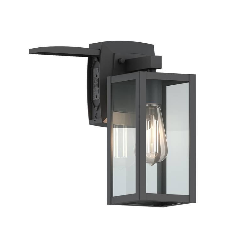1-Light Matte Black Outdoor Wall Lantern Sconce with GFCI Outlet - 13 in"