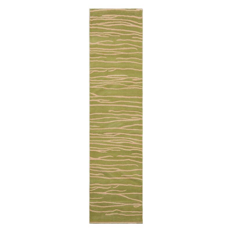 Lime Hand Knotted Wool Runner Graphic Tibetan Rug 2'8"x9'10" - 2' 8'' x 9' 10''