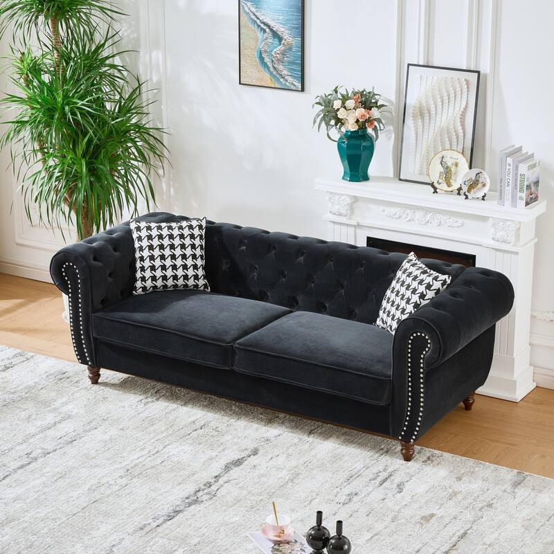 Chesterfield Upholstered 3 Seater Sofa, Velvet Fabric Sofa with Nailhead & Roll Armrest, Lounge Sofa with Solid Wood Frame‌