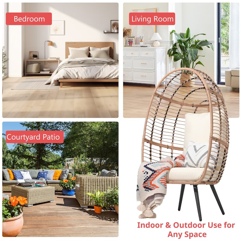 Outdoor 1-Person Wicker Rattan Egg Chair with Stand & Cushion for Porch, Bedroom