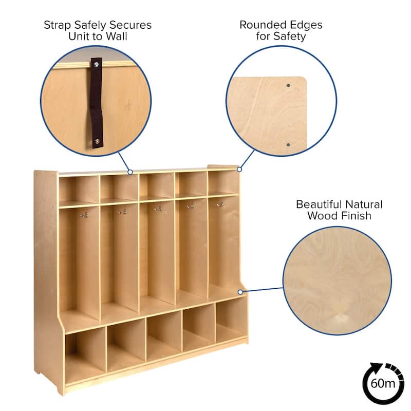 Wood School Coat Locker with Bench, Cubbies and Storage Organizer Hook - 48"W x 13.375" - 15"D x 48"H