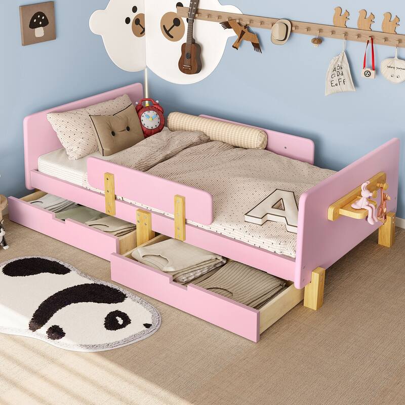 Full/Twin Platform Bed with Storage Drawers, Guardrail & Hooks