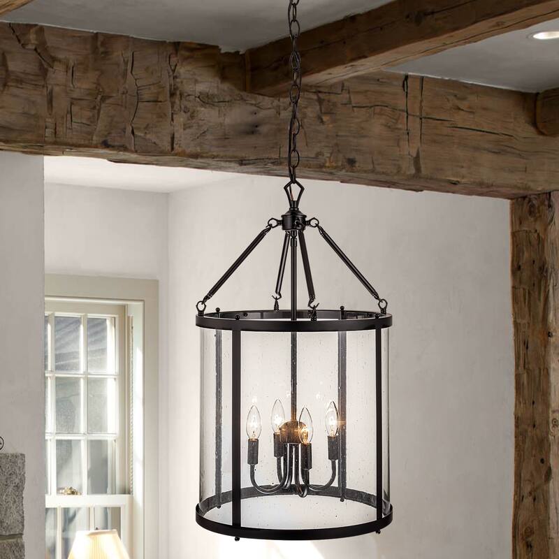 4 - Light Farmhouse Lantern Glass Drum Chandelier for Entryway