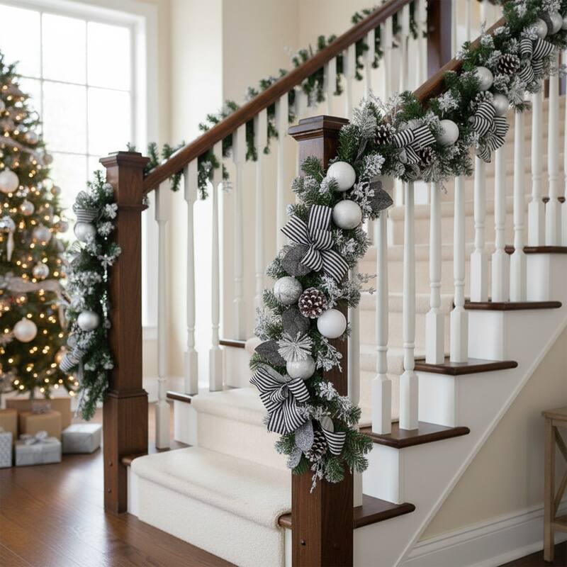6' Frosted Pine Artificial Christmas Garland Striped Bows & Ornaments