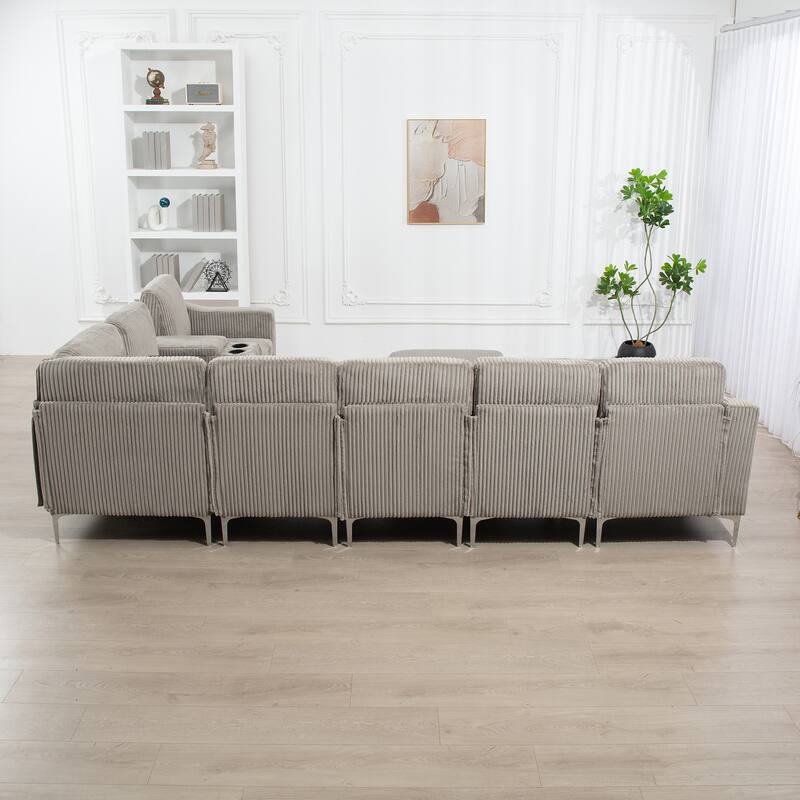 Modular Corduroy Sectional Sofa Convertible 6-Seat Couch with USB Ports, Storage Ottomans and Cup Holder for Living Room