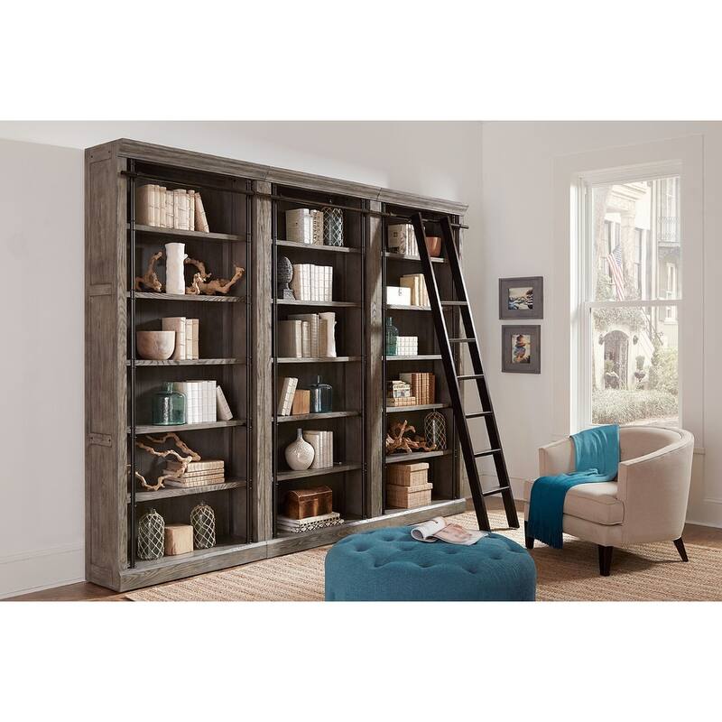 Avondale 8' Tall Bookcase Wall With Ladder, Storage Organizer, Display Shelf for Office, Brown - 120"W x 94"H x 15"D - Grey