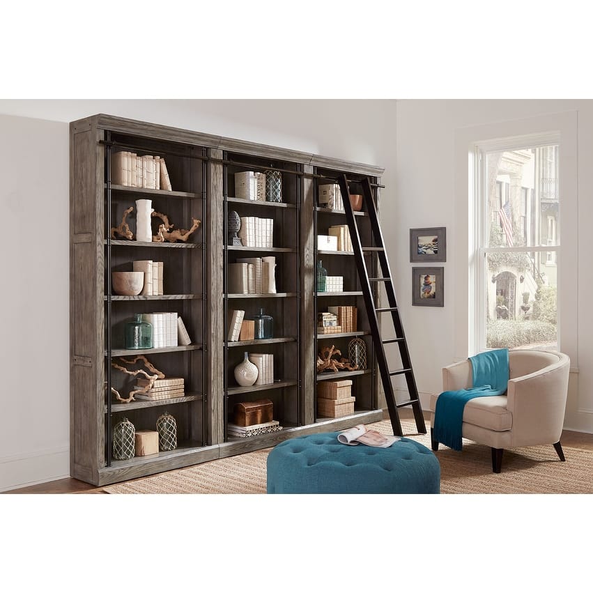 Avondale 8' Tall Bookcase Wall With Ladder, Storage Organizer, Display Shelf for Office, Brown - 120"W x 94"H x 15"D