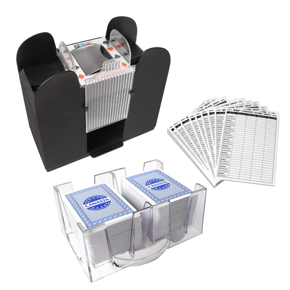 GSE™ Canasta Cards Game Set with 6-Deck Canasta Cards with Point Values, Card Shuffler, Revolving Card Tray, 100 Score Sheets