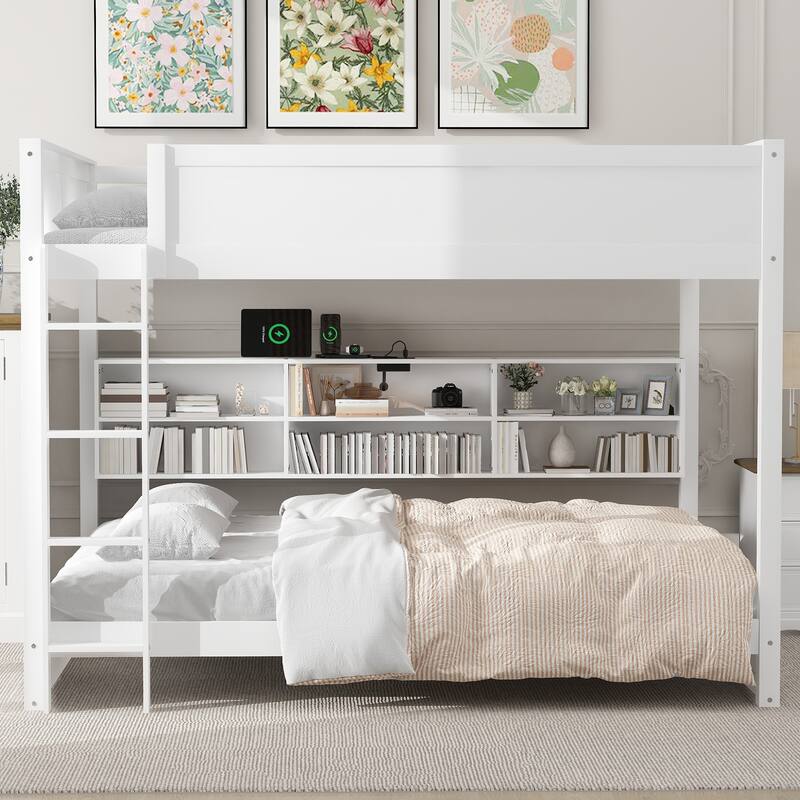 Queen Over Queen Bunk with Built-in Charging Ports, Shelving & Guardrails, Wood Construction