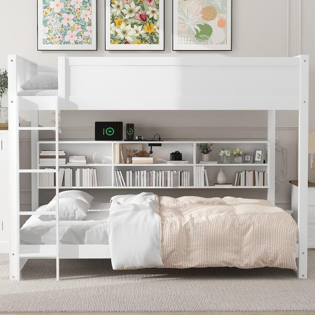 Queen over Queen Bunk Bed Superior Quality Bed Frame with 6 Storage Cabinets, Built-in USB Ports and Standard Plug Outlets