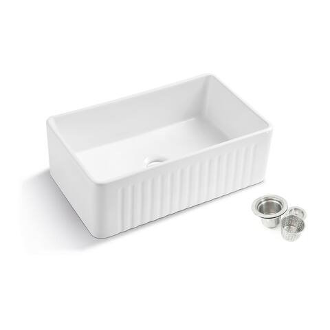 Durable 30-Inch Fireclay Farmhouse Apron Reversible Single Bowl White Kitchen Sink with Strainer