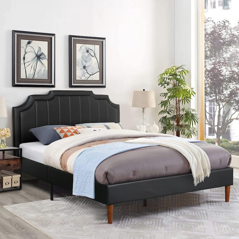 Javlergo Faux Leather Upholstered Platform Bed Frame, Full Bed Frame, Mattress Foundation with Wood Slat Support