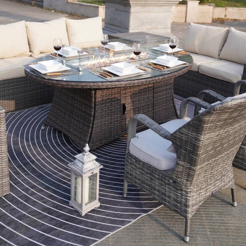 7-Piece Patio Mixed Brown and Grey Sofa Set with Fire Pit Table