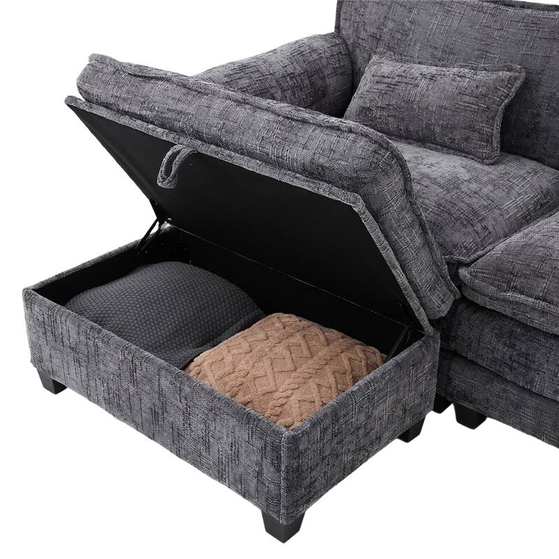 Modern Chenille Chaise Couch L-shaped Sectional Sofa with Storage Ottoman, Phone Holder, USB/Type-C Ports and Side Pockets