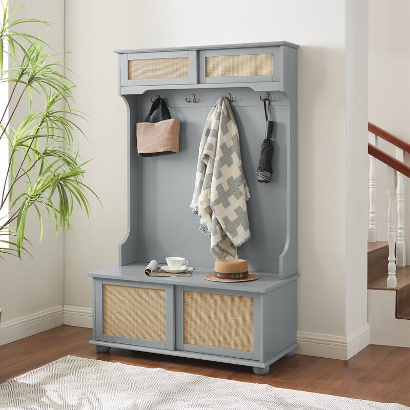 Clothes Hanger Hall Tree Storage Bench with Shoe Rack for Entryway, Hall Tree with Bench and Shoe Storage