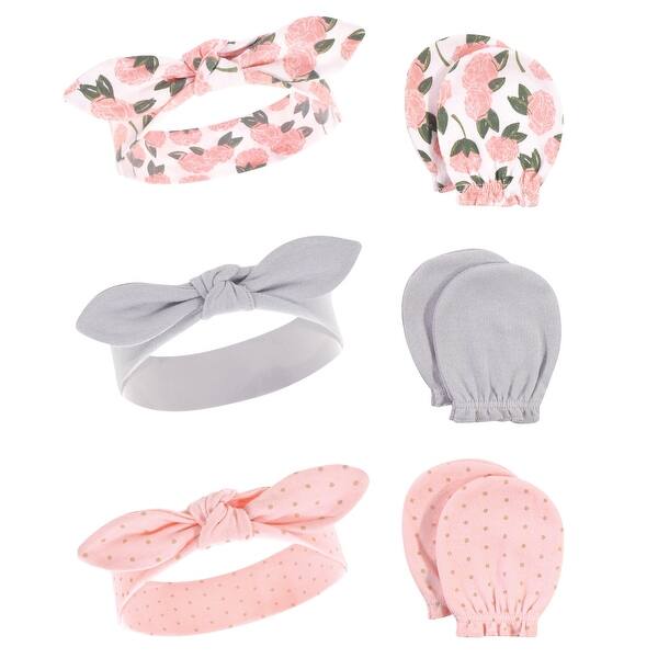 slide 1 of 1, Hudson Baby Infant Girl Cotton Headband and Scratch Mitten 6pc Set, Pink Peony, 0-6 Months - Pink Peony Pink Peony - 0-6 Months