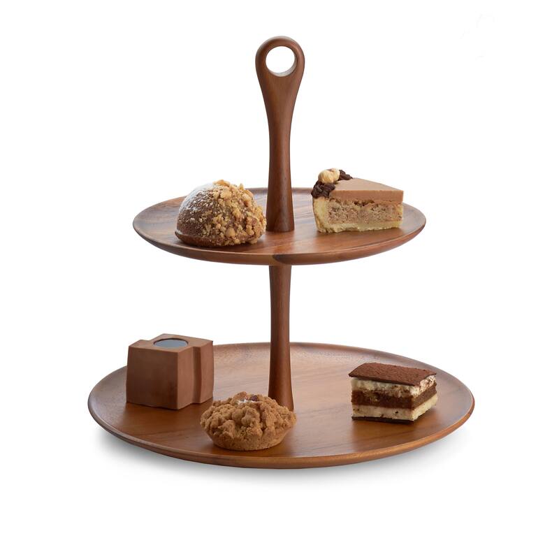 Nambe Skye Wood Tiered Dessert Stand - 12.9" x 14" x 1.75"
