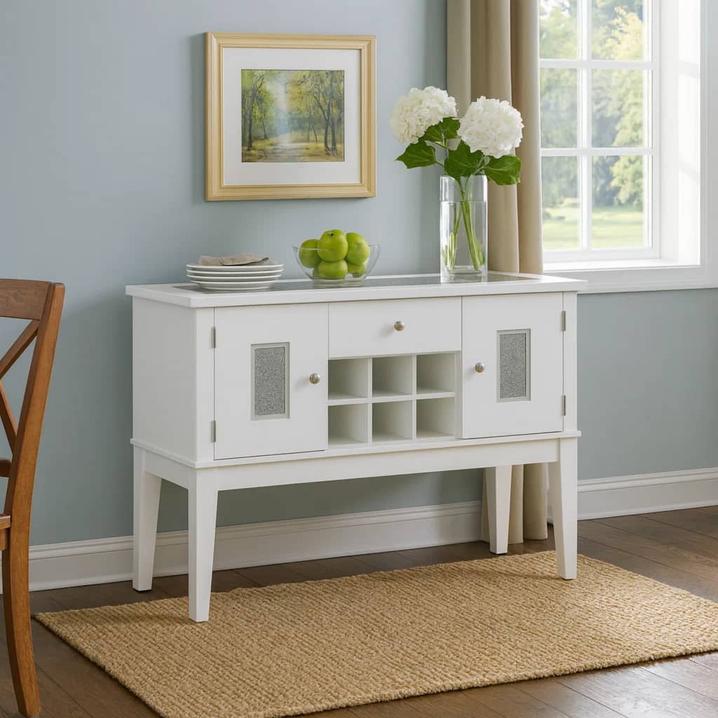 Zav 48 Inch Console Sideboard Buffet Bar Wine Cubbies, Faux Diamond Top, White