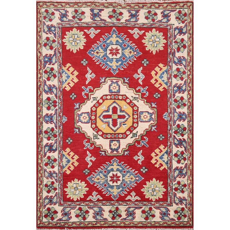 Red Geometric Kazak Pakistan Accent Rug Handmade Wool Carpet - 2'9" x 3'9"