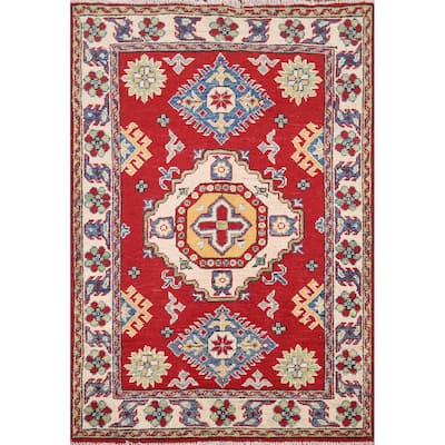 Red Geometric Kazak Pakistan Accent Rug Handmade Wool Carpet - 2'9" x 3'9"