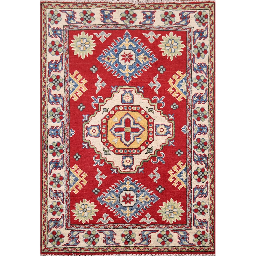 Red Geometric Kazak Pakistan Accent Rug Handmade Wool Carpet - 2'9" x 3'9"