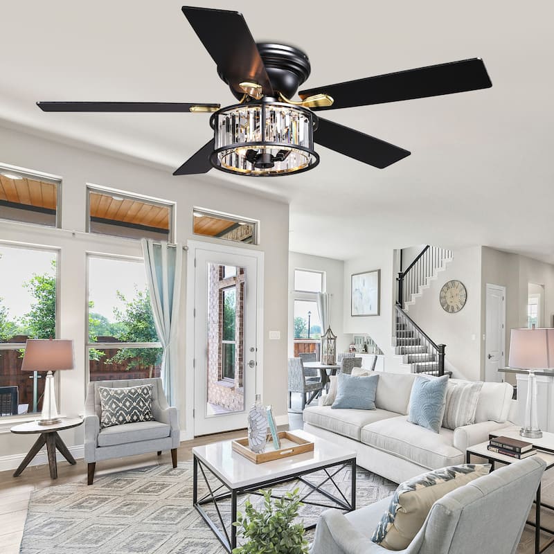 Cusp Barn 52" Farmhouse Flush Mount Crystal Ceiling Fan with Lights and Remote, Black 5 Blades Reversible Chandelier Ceiling Fan