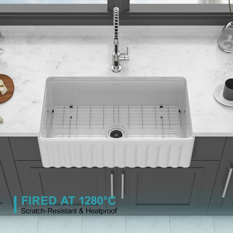 33" Farmhouse Sink - Kitchen Sink Apron-front White Porcelain Ceramic Reversible Single Bowl Kitchen Farm Sinks