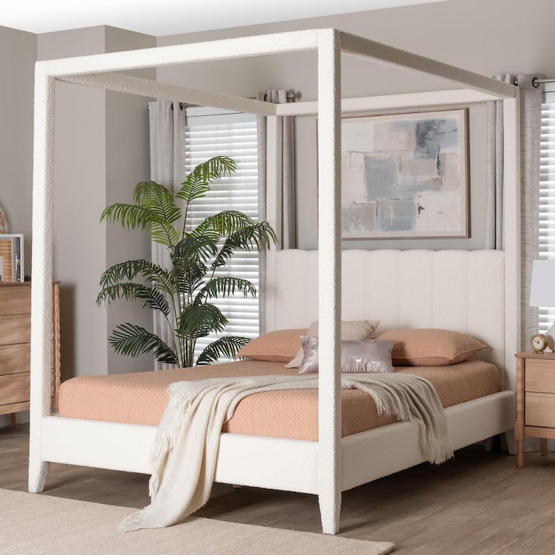 Aerona Boucle Upholstered Canopy Bed - Four Poster Platform Bed with Channel-Tufted Headboard, Cream, Queen