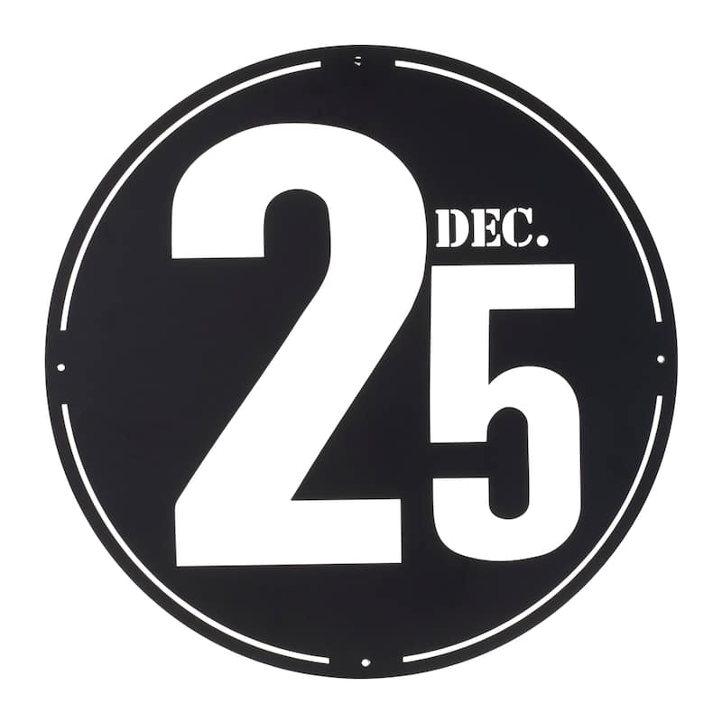 Modern Black Metal December 25 Wall Decor Cutout Holiday Plaque for Living Room or Entryway - 24”L x 0.5”W x 24”H