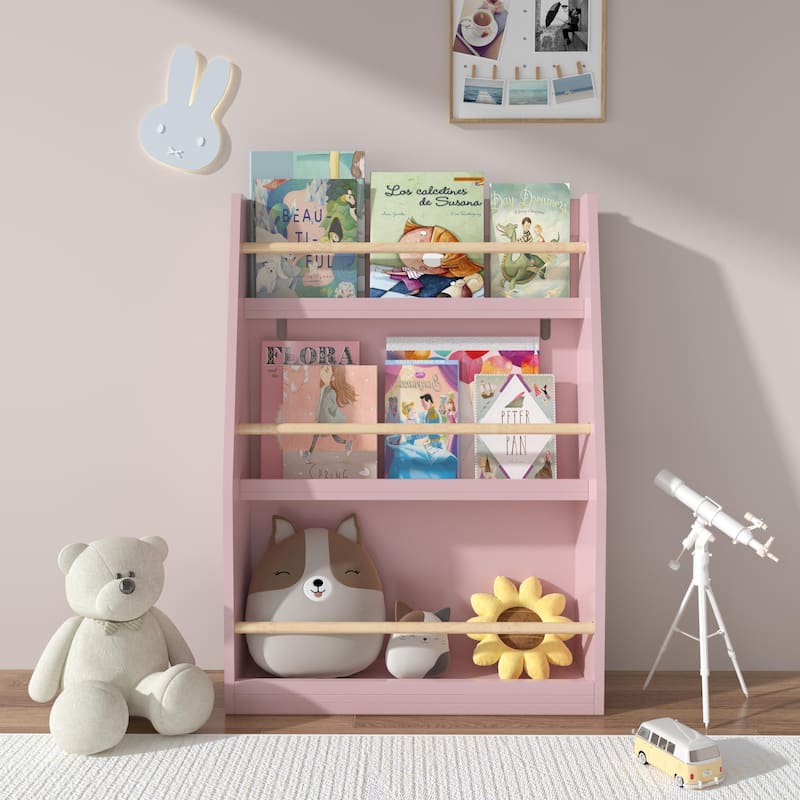 Anmytek 3-Tier Kids Wall Bookshelf with Slanted Front & Guardrails, Pastel Finish Wooden Display for Bedroom