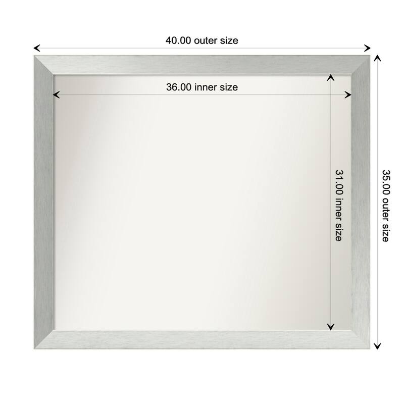 Brushed Sterling Silver Framed Non-Beveled Custom Wall Mirror, Bathroom Vanity Mirror - Outer Size: 40 x 35