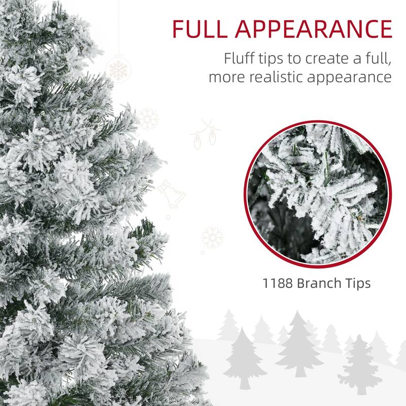HOMCOM Pre-Lit Flocked Christmas Tree - Snow Flocked Branches, Warm White LED Lights, Auto Open, Green