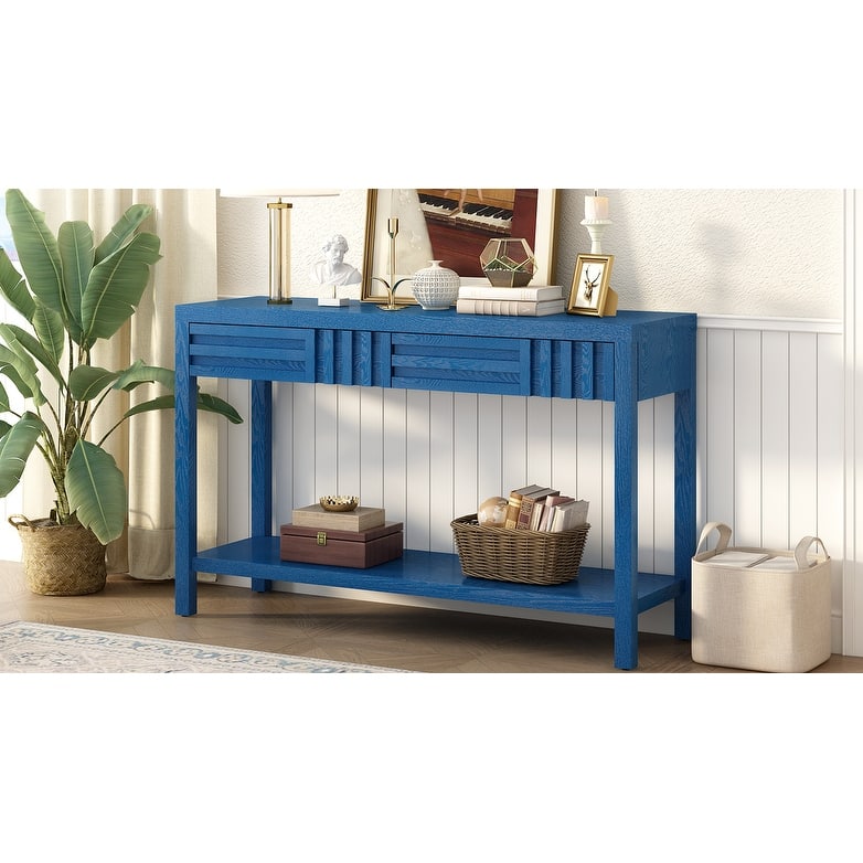 Modern Classic Striped Console Table with 2 Drawers and Open Shelf, for Living Room, Hallway Entryway, Study Room, Navy Blue