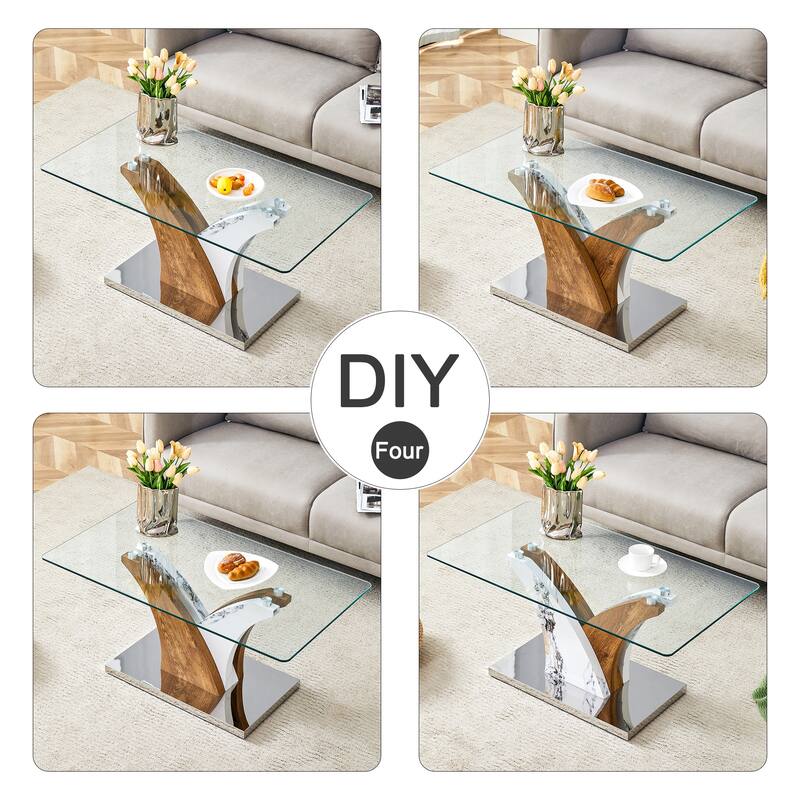 Roomfitters Glass Coffee Table with White and Wood MDF Legs, Rectangular Center Table for Dining or Living Spaces, White+Wood