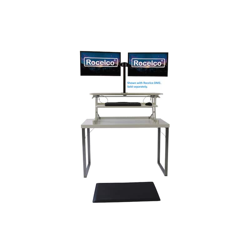 Rocelco 37.5 in. W White Deluxe Height Adjustable Standing Desk Converter with Anti Fatigue Mat and Deep Keyboard Tray