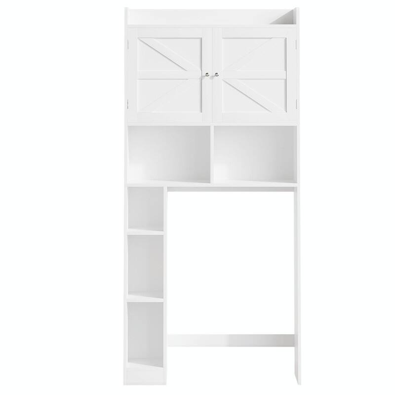 Over-the-Toilet Storage Cabinet, Freestanding Bathroom Space Saver with Adjustable Shelf, Double Doors and Open Shelves
