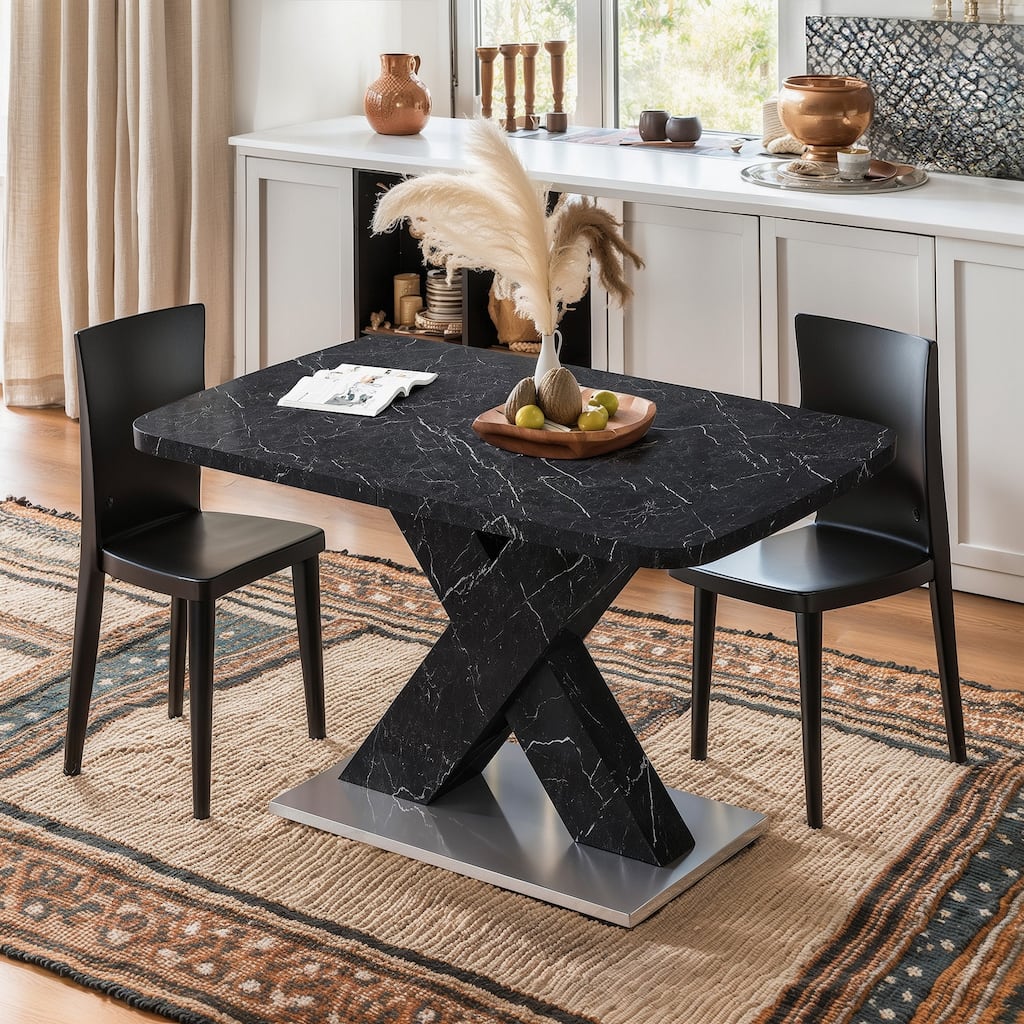 Printed Black Marble Square Dining Table with Metal X-Shape Base, Stretchable Extendable Table Top