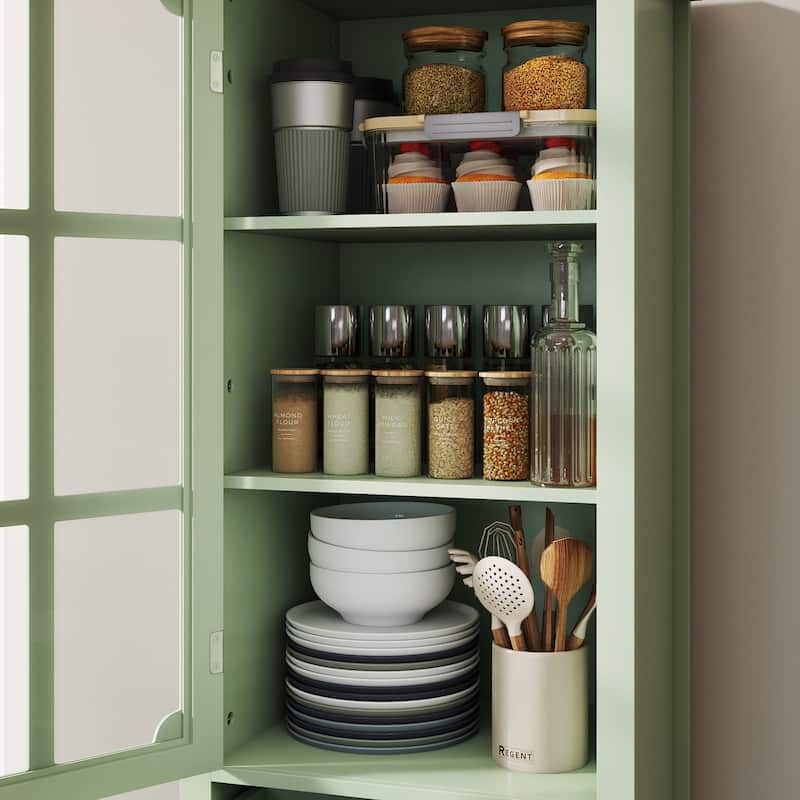 Buffet Cabinet with Glass Doors & 2 Drawers, Multi-Functional Wooden Storage Cabinet, Accent Cabinet with Solid Wood Legs