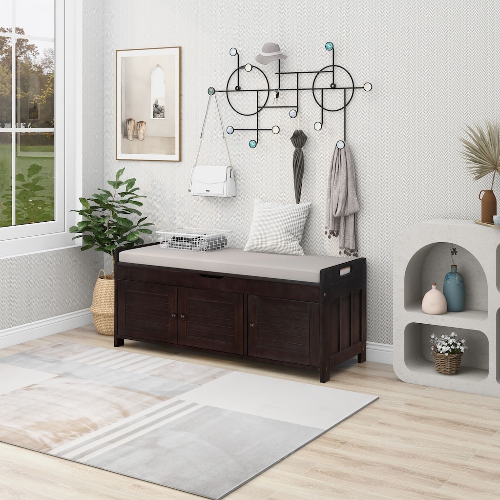 3 Shutter-shaped Doors Storage Benches with Removable Cushion