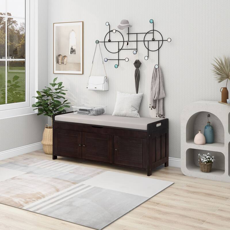 Rustic Upholstered Storage Bench with Shutter-Shaped Doors & Removable Cushion for Farmhouse Decor