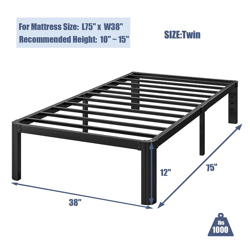 12" Heavy Duty Metal Bed Frame with Round Corners, Box Spring Not Required, Noise Free