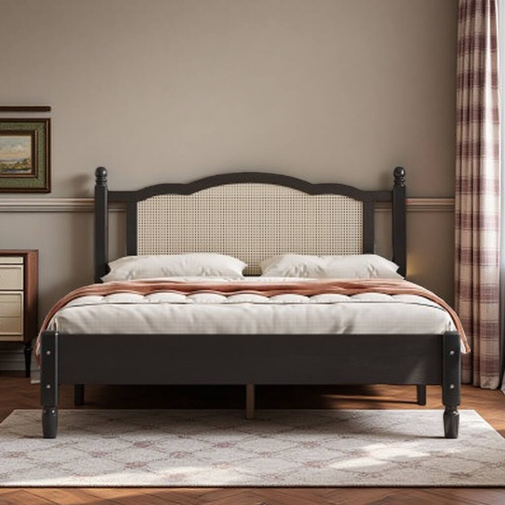 Queen Platform Bed Frame with Woven Rattan Headboard, White Wood Design with Slatted Support, Minimalist Boho Coastal Style