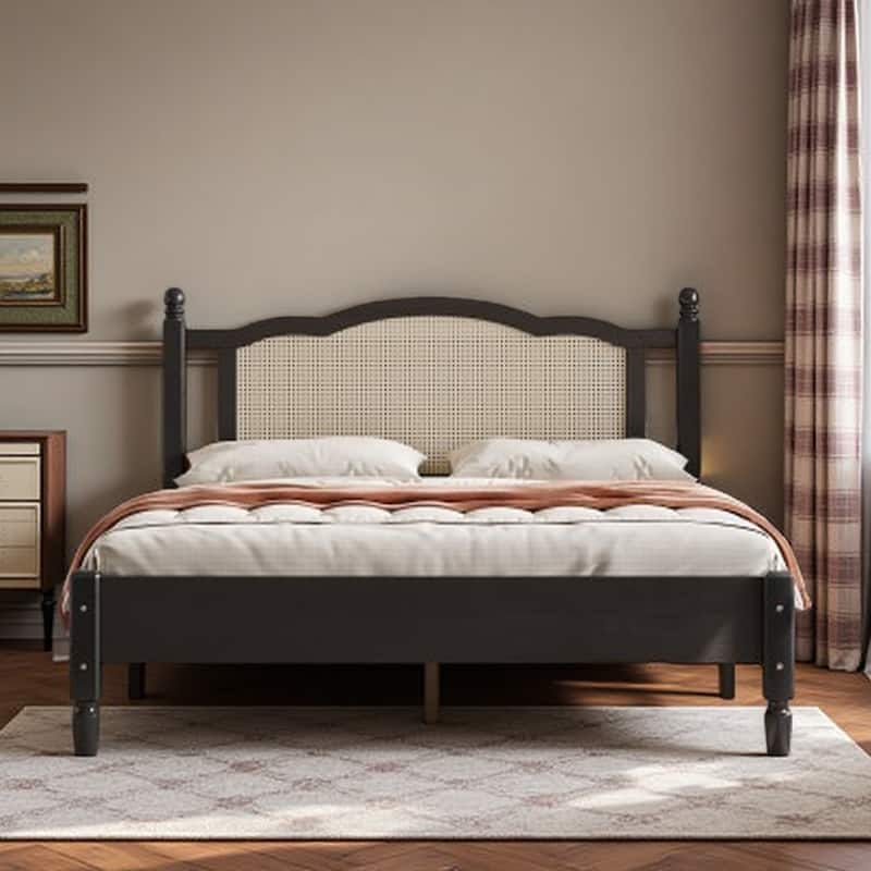 Queen Platform Bed Frame with Woven Rattan Headboard, White Wood Design with Slatted Support, Minimalist Boho Coastal Style - Black