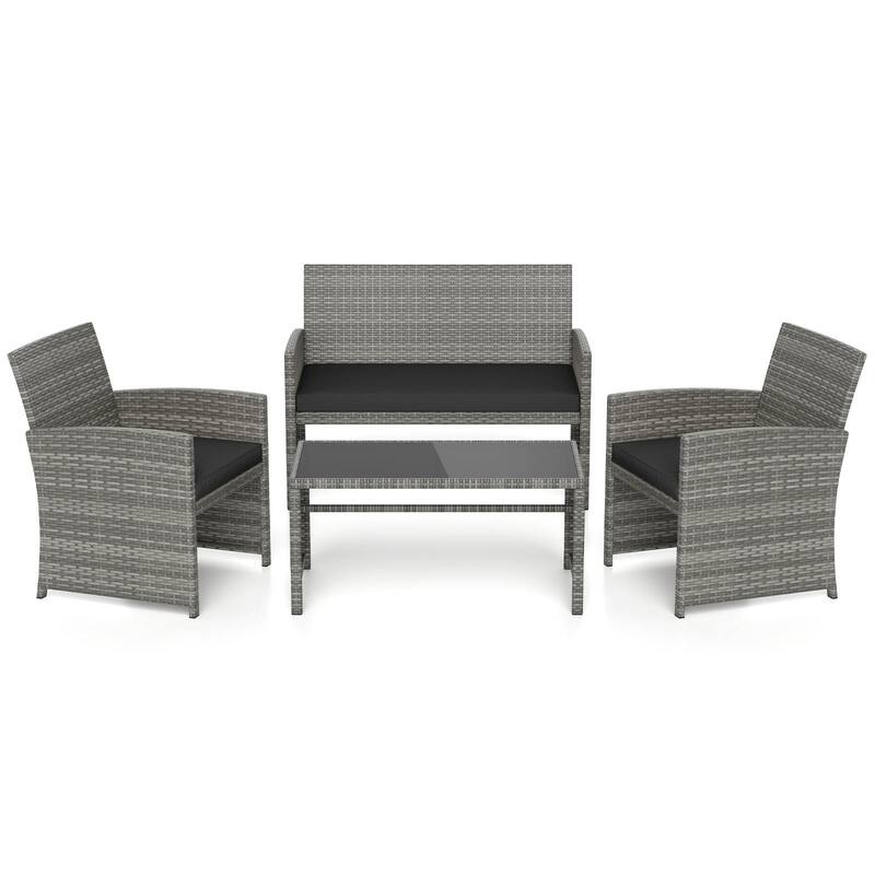 4 Piece Outdoor Patio Furniture Set Mix Gray PE Rattan Loveseat Armchairs and Tempered Glass Coffee Table with Cushions