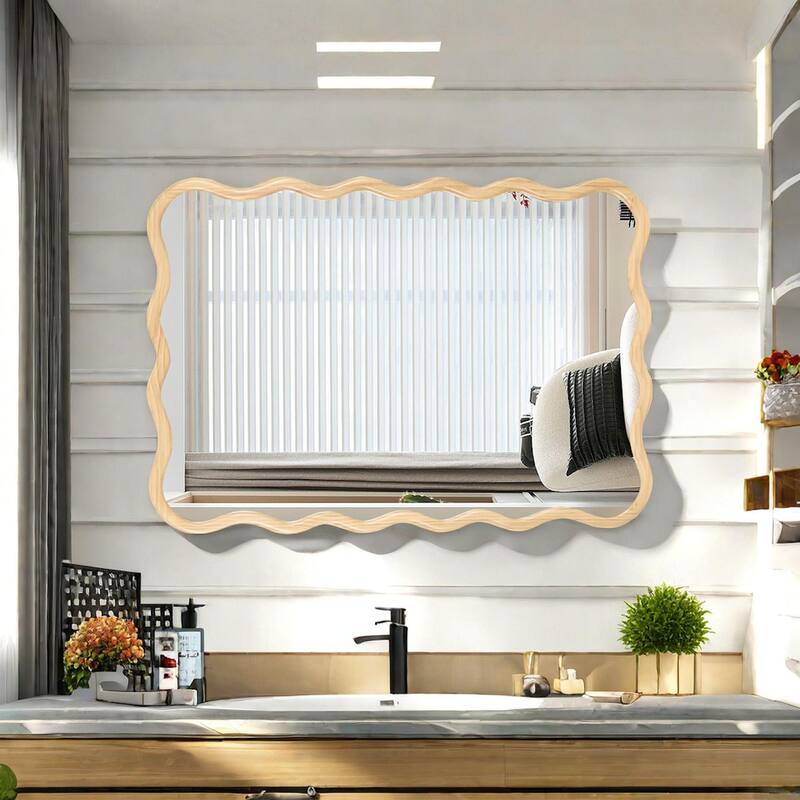 Roomfitters 40" x 28" Solid Wood Wavy Rectangle Mirror, Modern Wall Decor for Bathroom & Entryway, Natural Woo