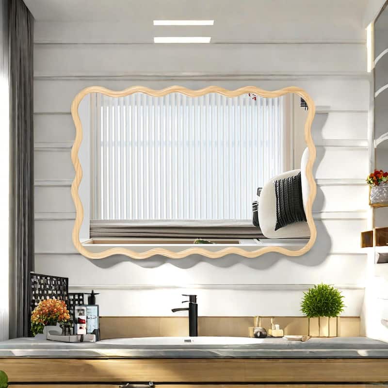 Solid Wood Wavy Rectangle Mirror 40" x 28" Modern Mirror Wall Decor